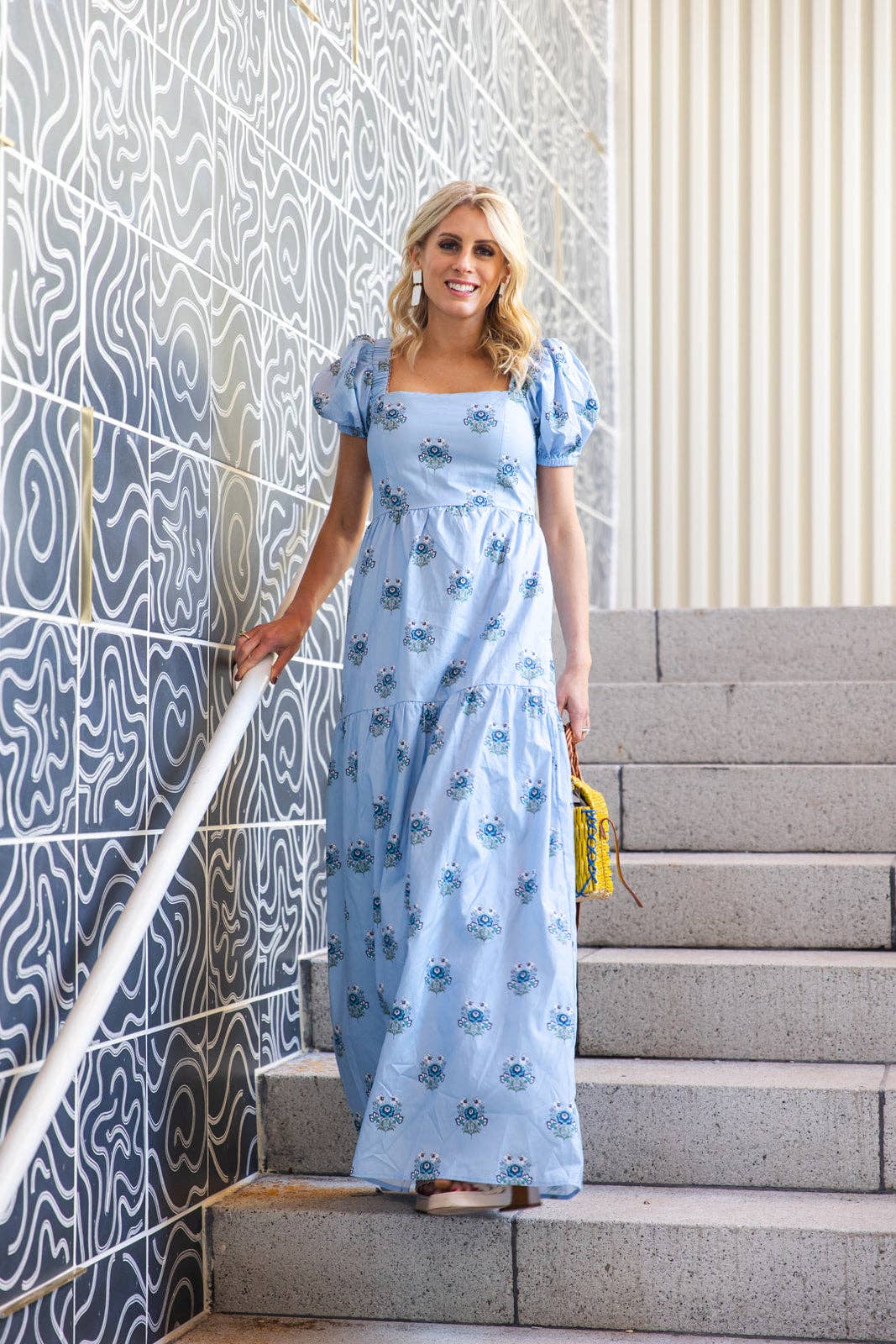 The Lucia Dress | Dusty Blue Floral Print Maxi Dress with Puff Sleeves and Pockets