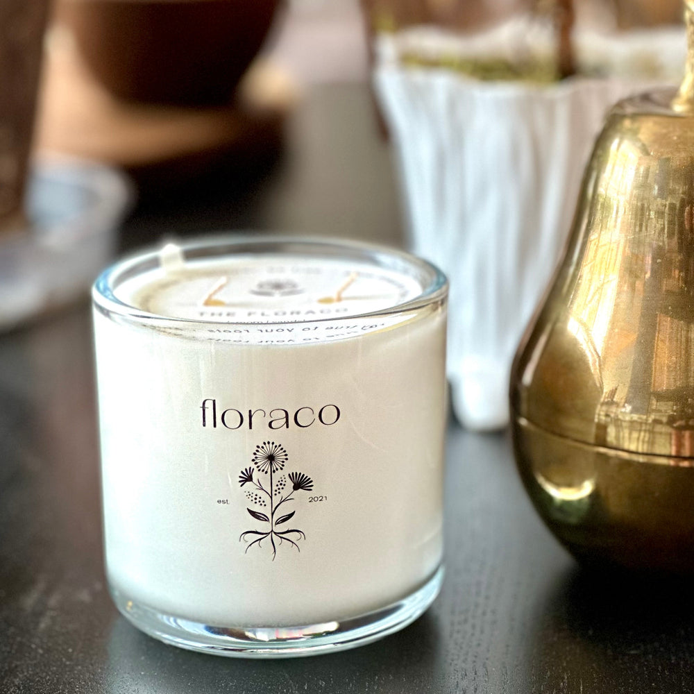 
                      
                        Floraco Candle: Sandalwood, Cedarwood, Cardamom | Grounding and Restorative | Clear Glass
                      
                    