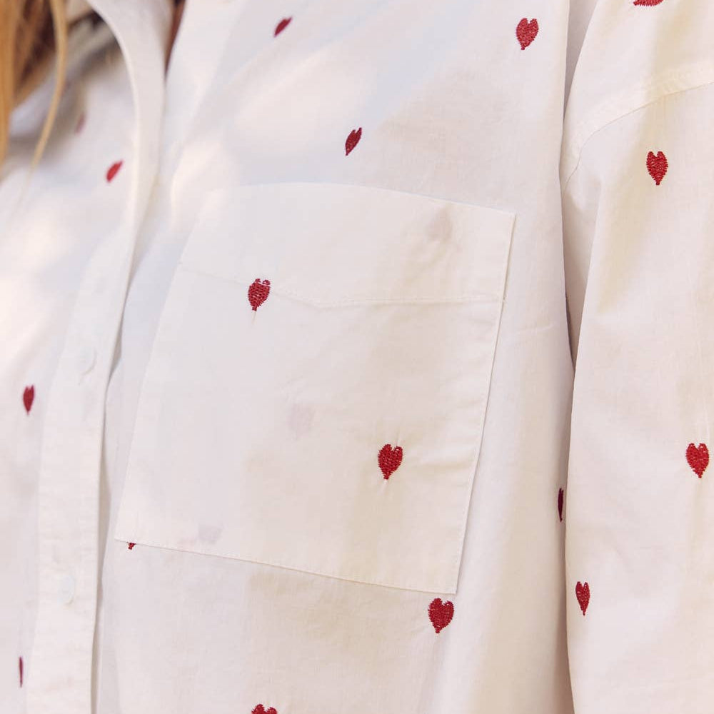
                      
                        Full of Hearts Embroidery Button-Down Shirt – Soft Cotton with Playful Heart Detail
                      
                    