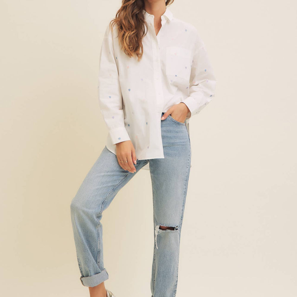 
                      
                        Full of Hearts Embroidery Button-Down Shirt – Soft Cotton with Playful Heart Detail
                      
                    