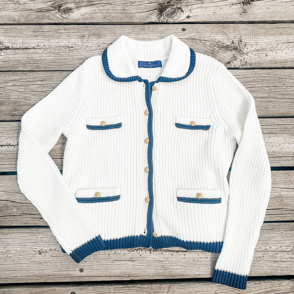 Ivory & Navy Lady Cardigan – Structured Knit with Gold-Tone Detail