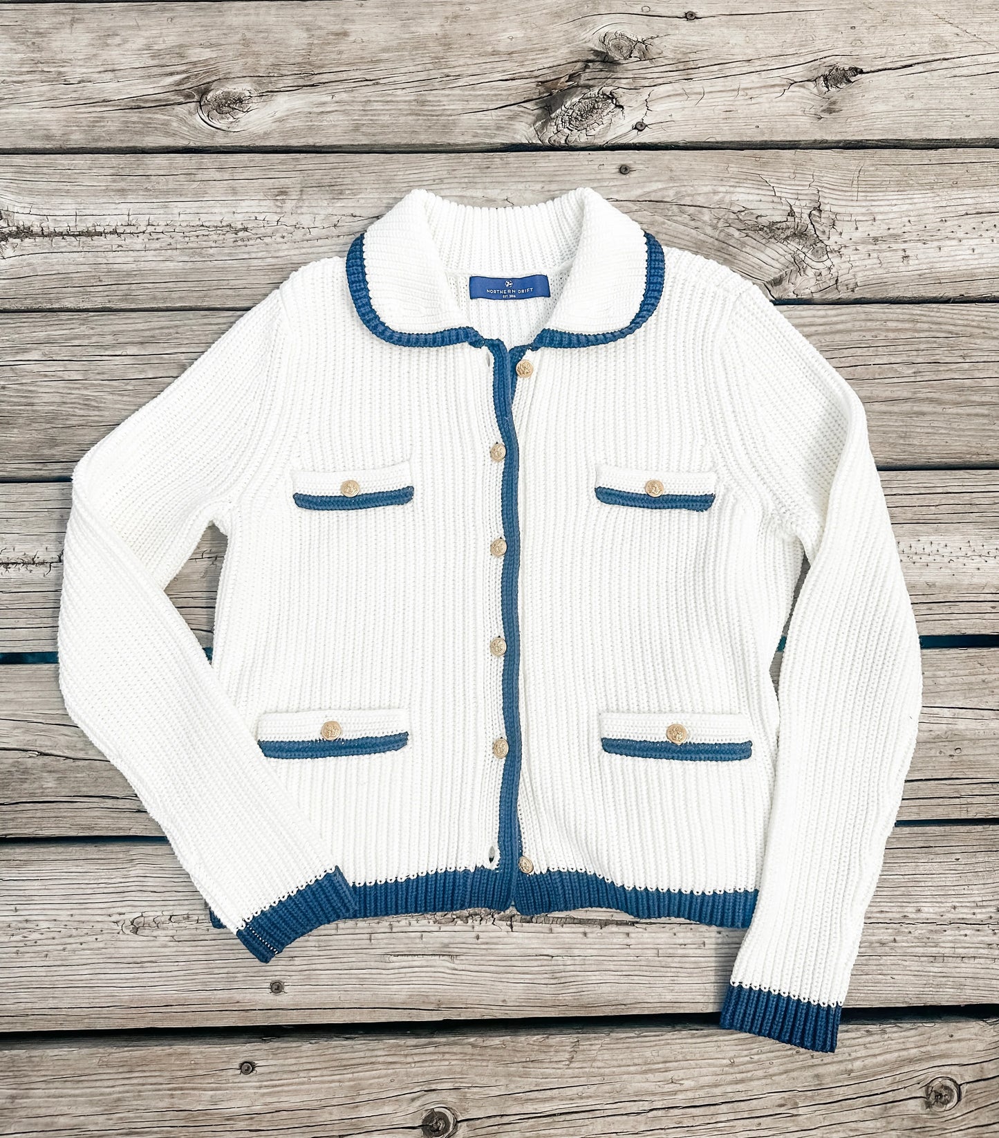 Ivory & Navy Lady Cardigan – Structured Knit with Gold-Tone Detail