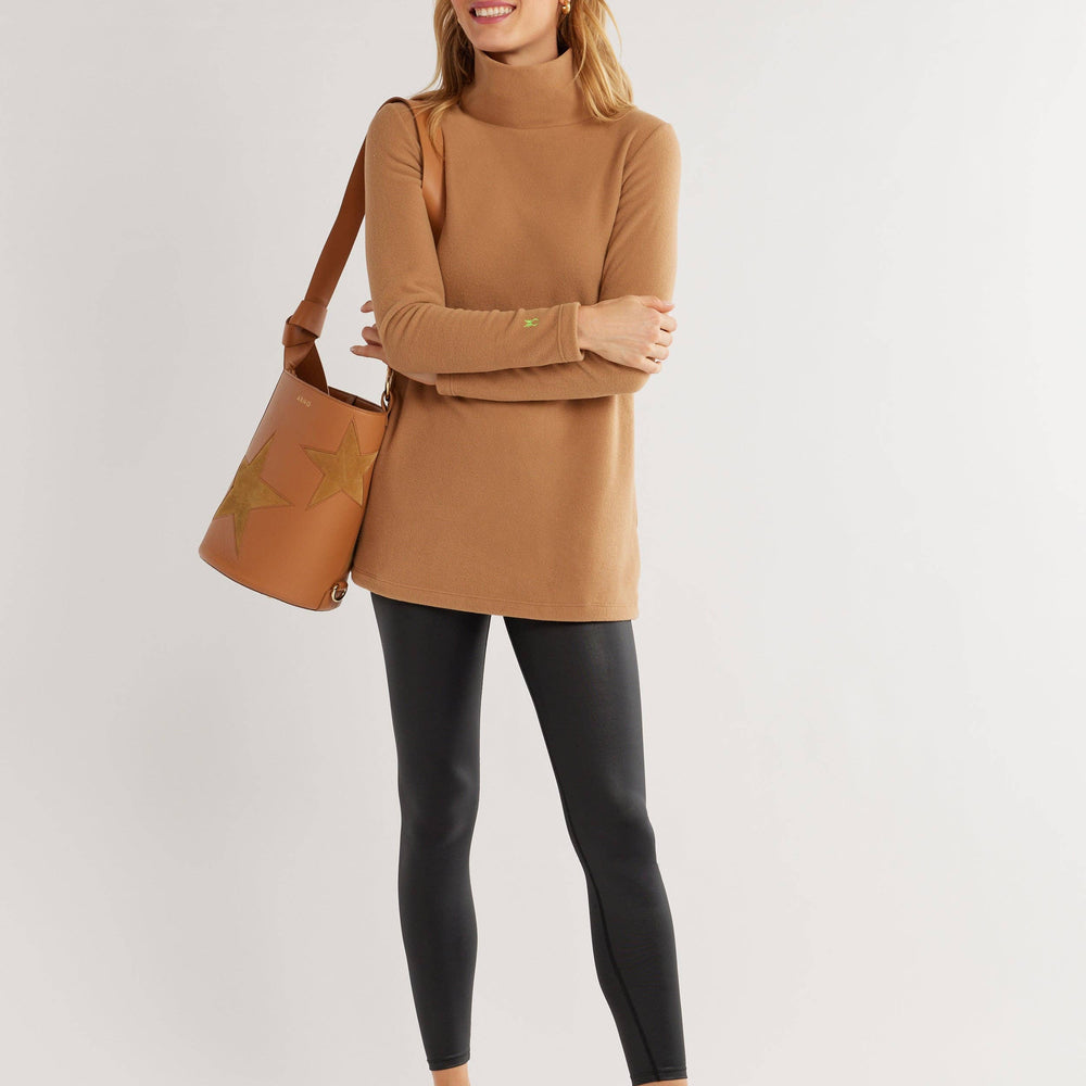 Cobble Hill Turtleneck – Camel Vello Fleece with Tunic Length & Pockets