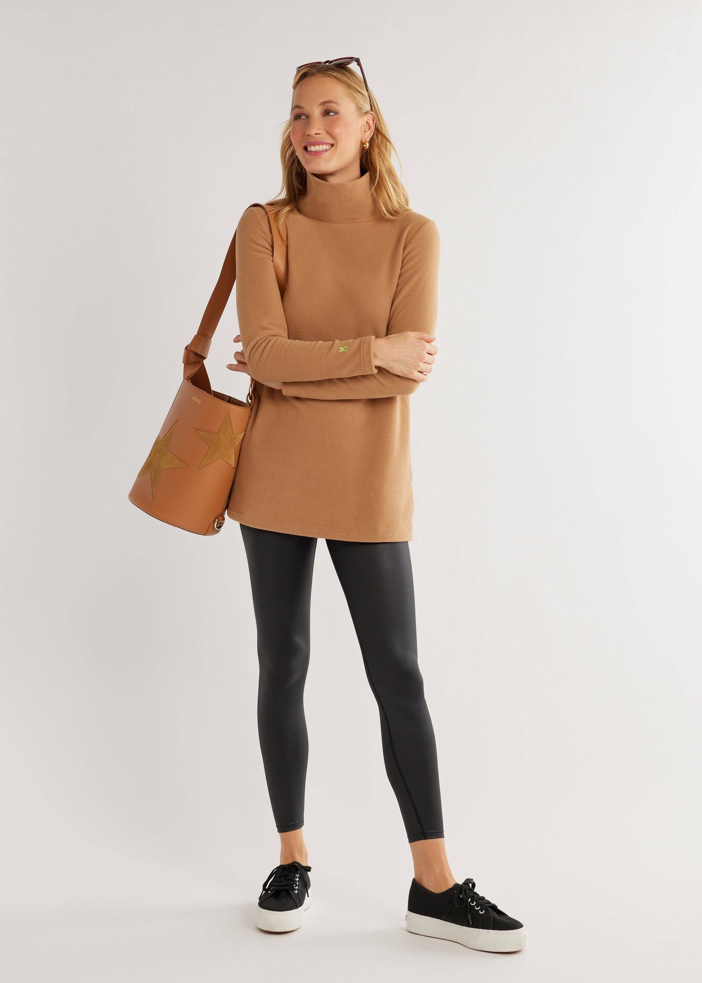 Cobble Hill Turtleneck – Camel Vello Fleece with Tunic Length & Pockets