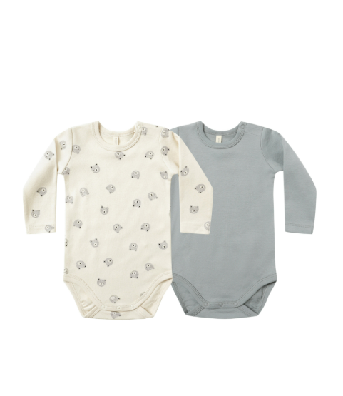Quincy Mae Jersey Bodysuit 2-Pack – Bears & Steel Blue Organic Cotton Long Sleeve Baby Bodysuits