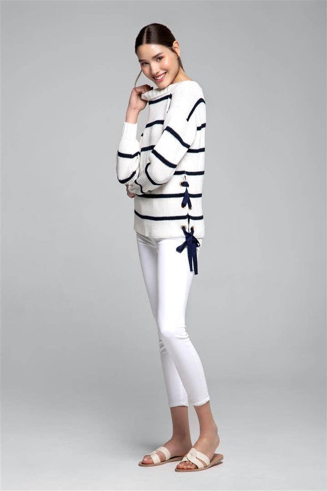 Large - Monaco Striped Cotton Sweater With Metal Eyelets In Cream