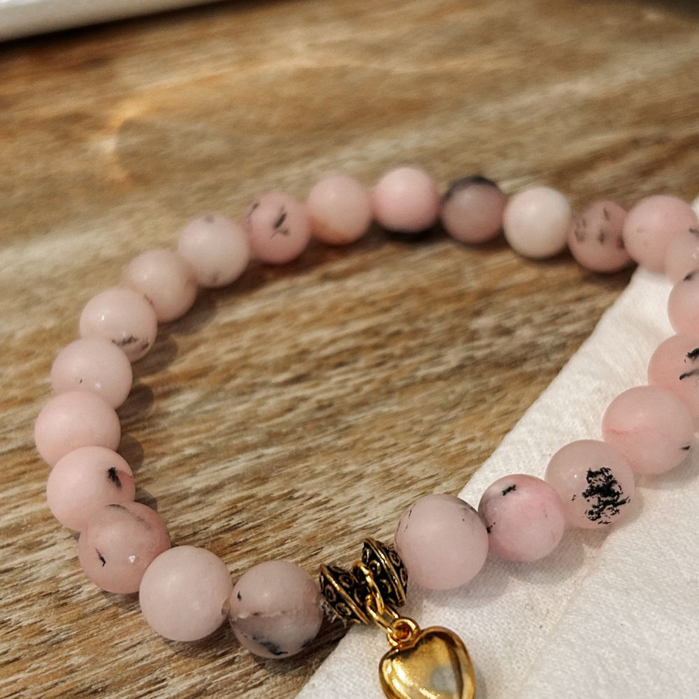 Matte Pink & Black Beaded Bracelet with Gold Heart Charm by Carson & Co