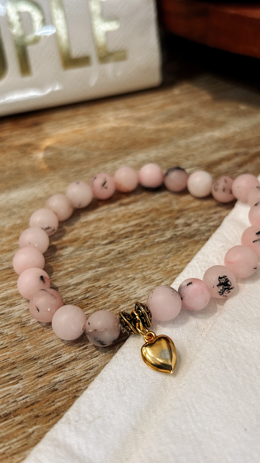 Matte Pink & Black Beaded Bracelet with Gold Heart Charm by Carson & Co