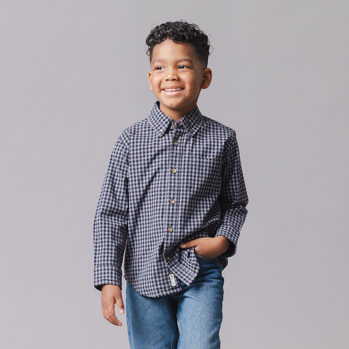 Hope & Henry Boys' Organic Stretch Poplin Shirt in Black Gingham