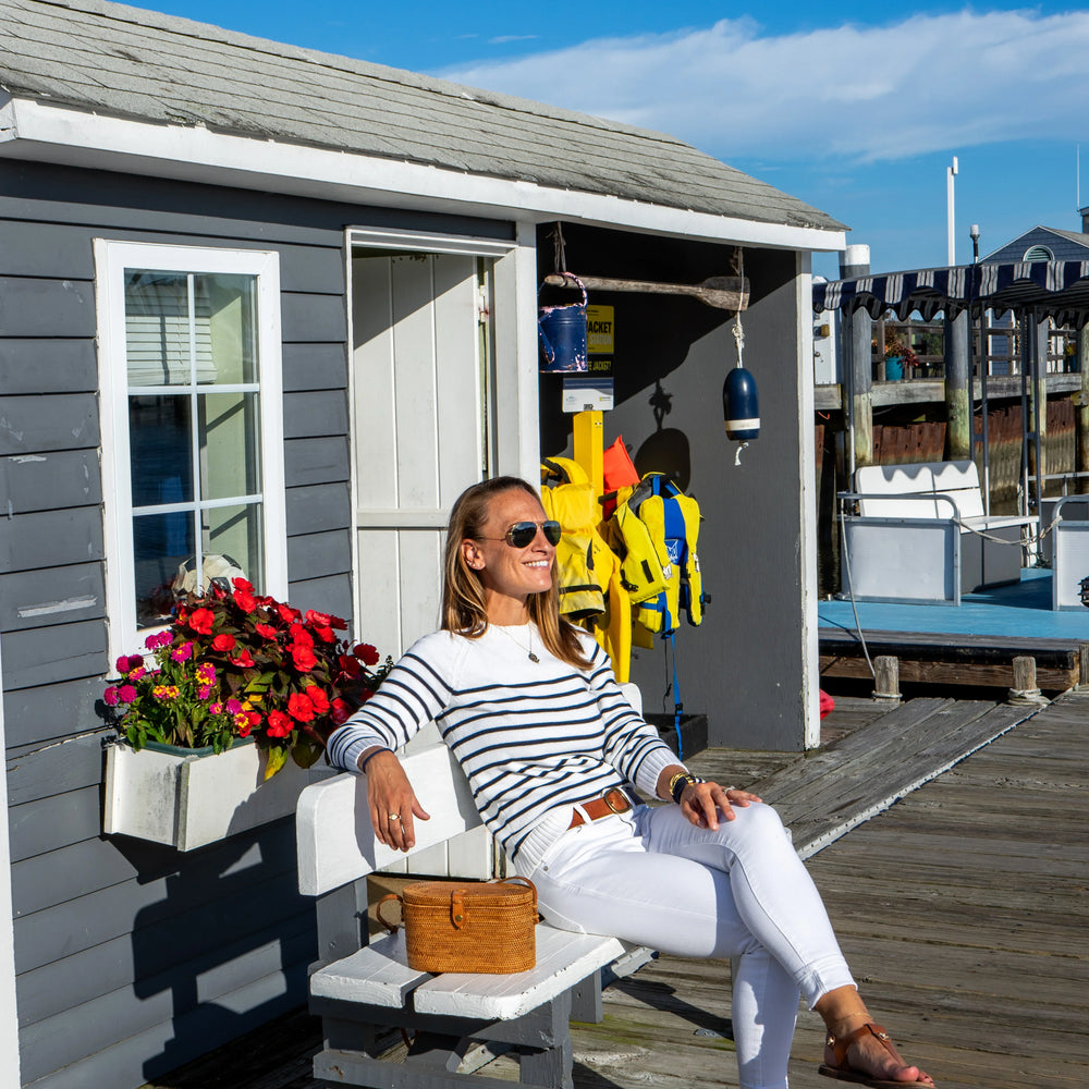 
                      
                        Classic Ivory & Navy Striped Sweater – Semi-Tailored Knit with Bold Stripes
                      
                    