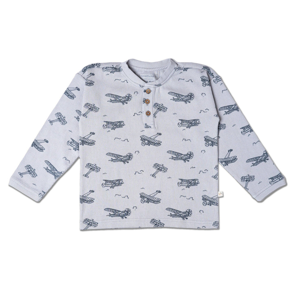 Organic Henley Tee – Airplanes Print, GOTS-Certified Cotton for Boys
