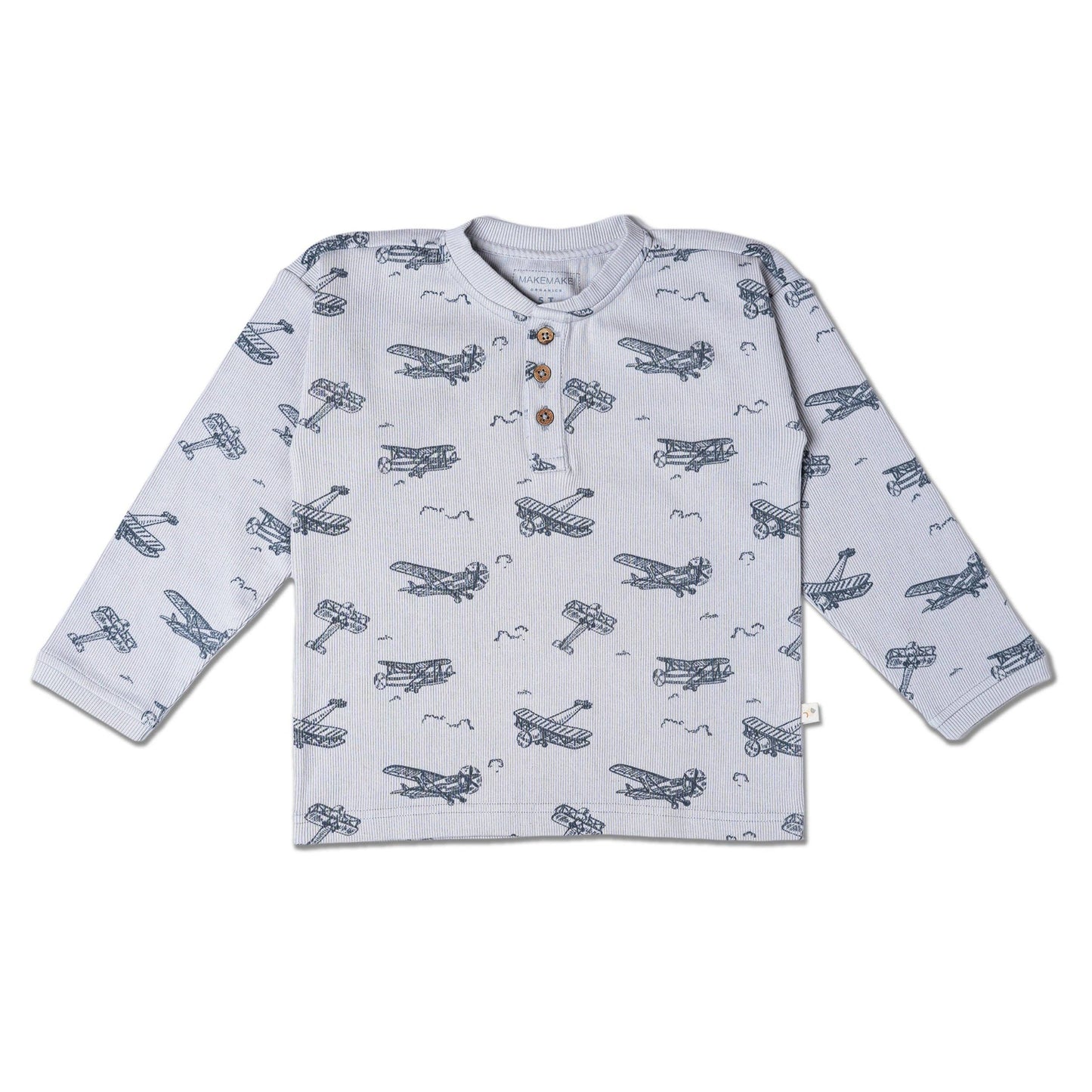 Organic Henley Tee – Airplanes Print, GOTS-Certified Cotton for Boys