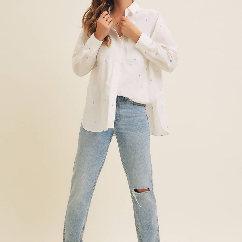 
                      
                        Full of Hearts Embroidery Button-Down Shirt – Soft Cotton with Playful Heart Detail
                      
                    