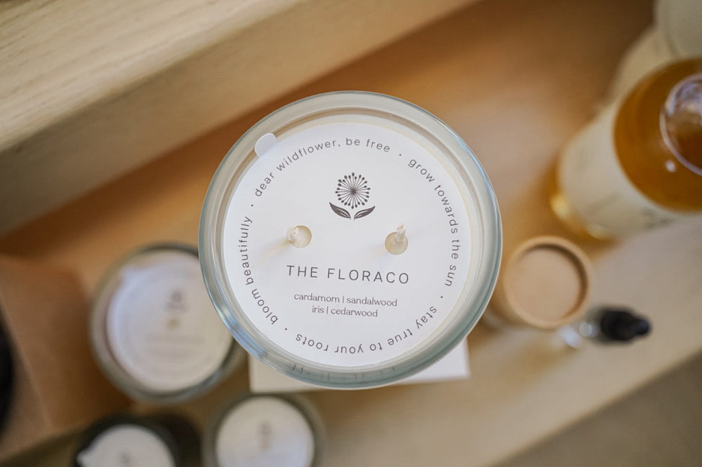 
                      
                        Floraco Candle: Sandalwood, Cedarwood, Cardamom | Grounding and Restorative | Clear Glass
                      
                    