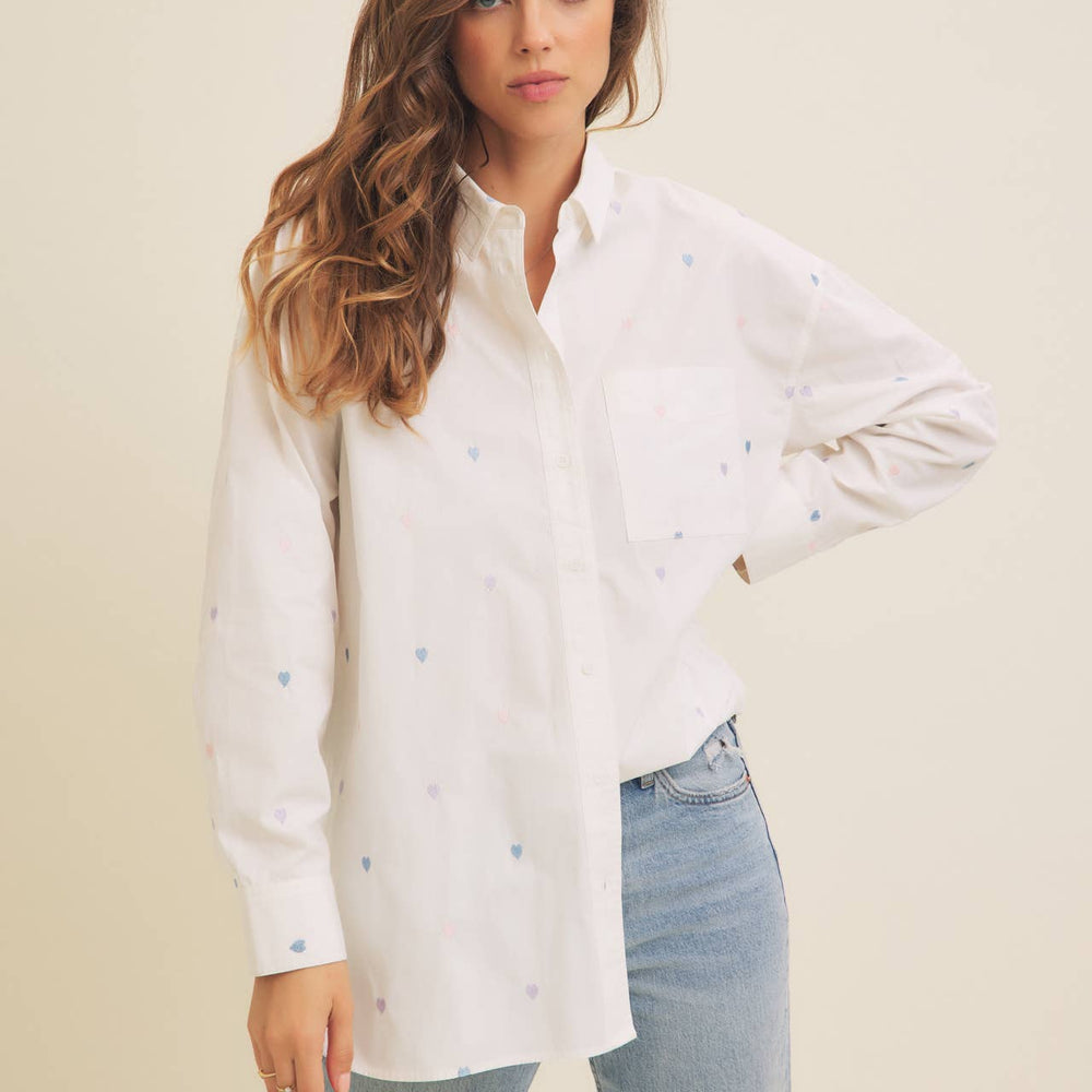 
                      
                        Full of Hearts Embroidery Button-Down Shirt – Soft Cotton with Playful Heart Detail
                      
                    