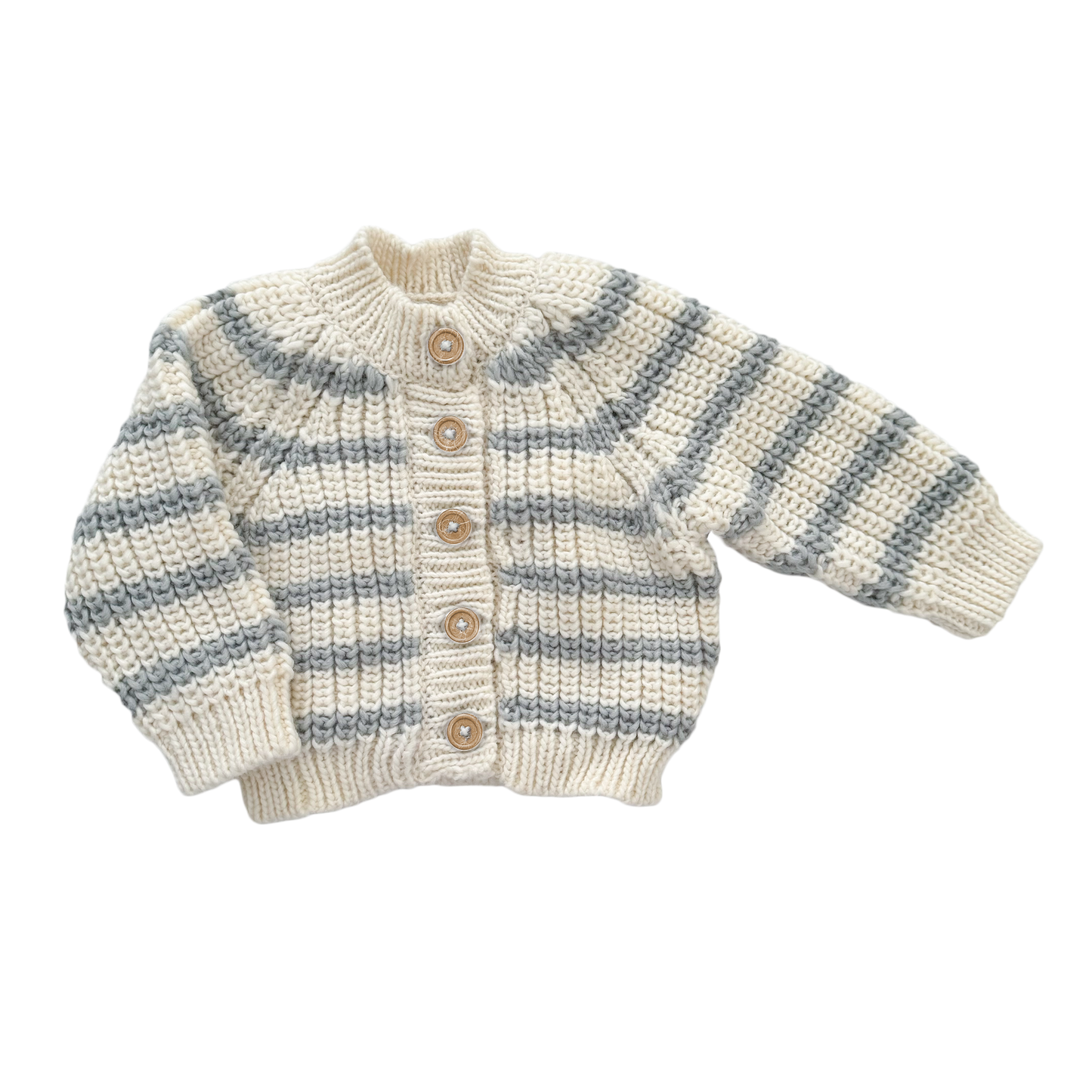 2-3 Years - Rib Knit Stripe Cardigan in Cream & Bowie Grey | Soft Hand-Knit Baby Sweater by The Blueberry Hill