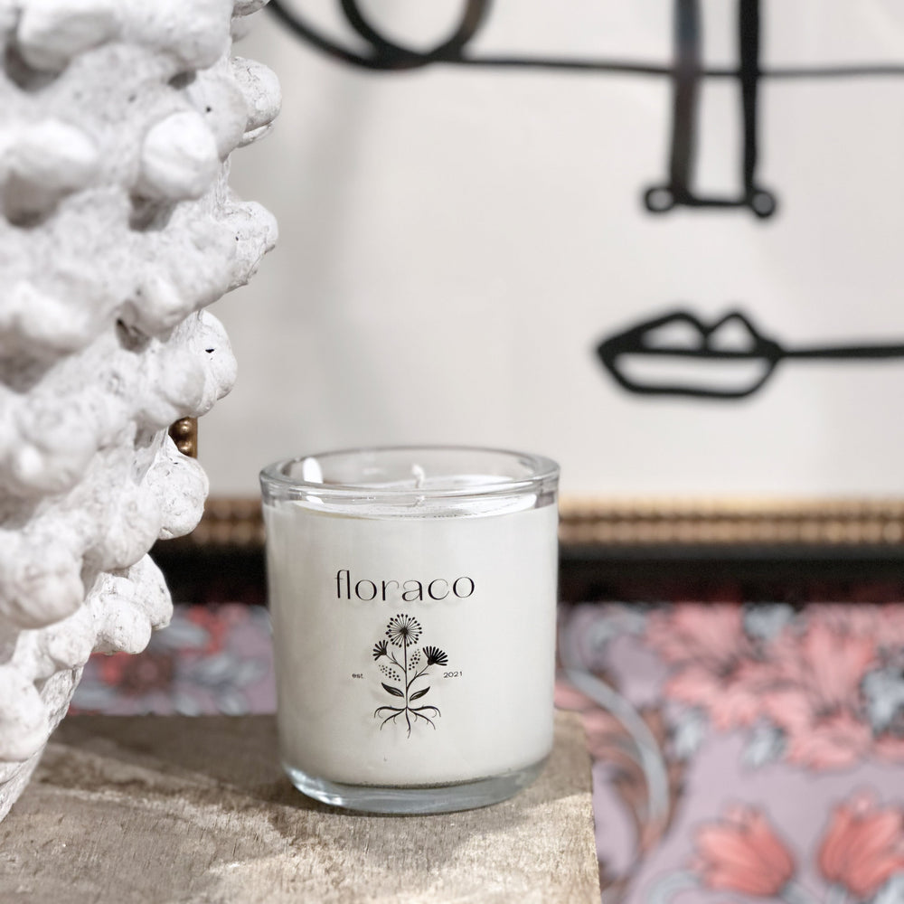 
                      
                        Floraco Candle: Sandalwood, Cedarwood, Cardamom | Grounding and Restorative | Clear Glass
                      
                    