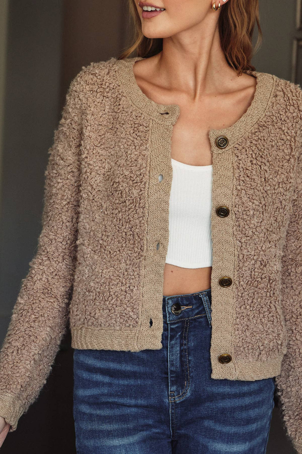 Latte Textural Knit Cardigan – Cozy Alpaca Blend with Vintage-Inspired Style