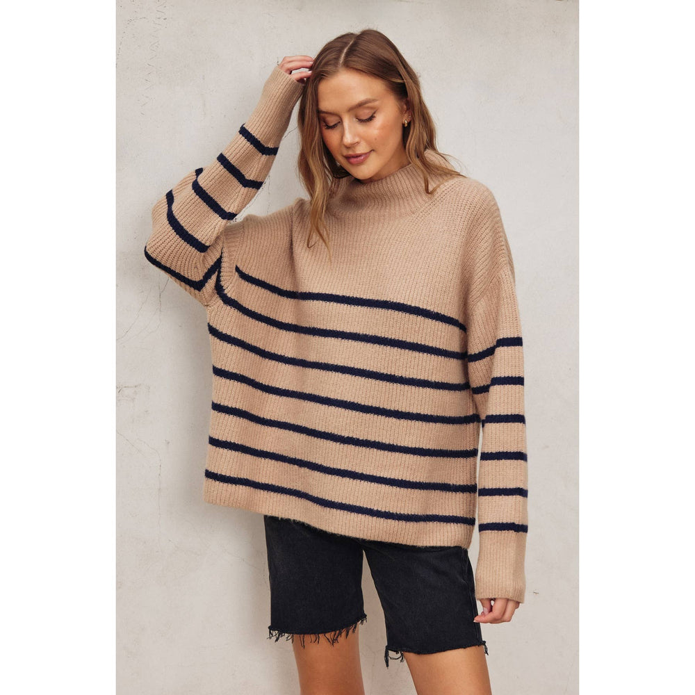 Fluffy High Neck Striped Hem Sweater