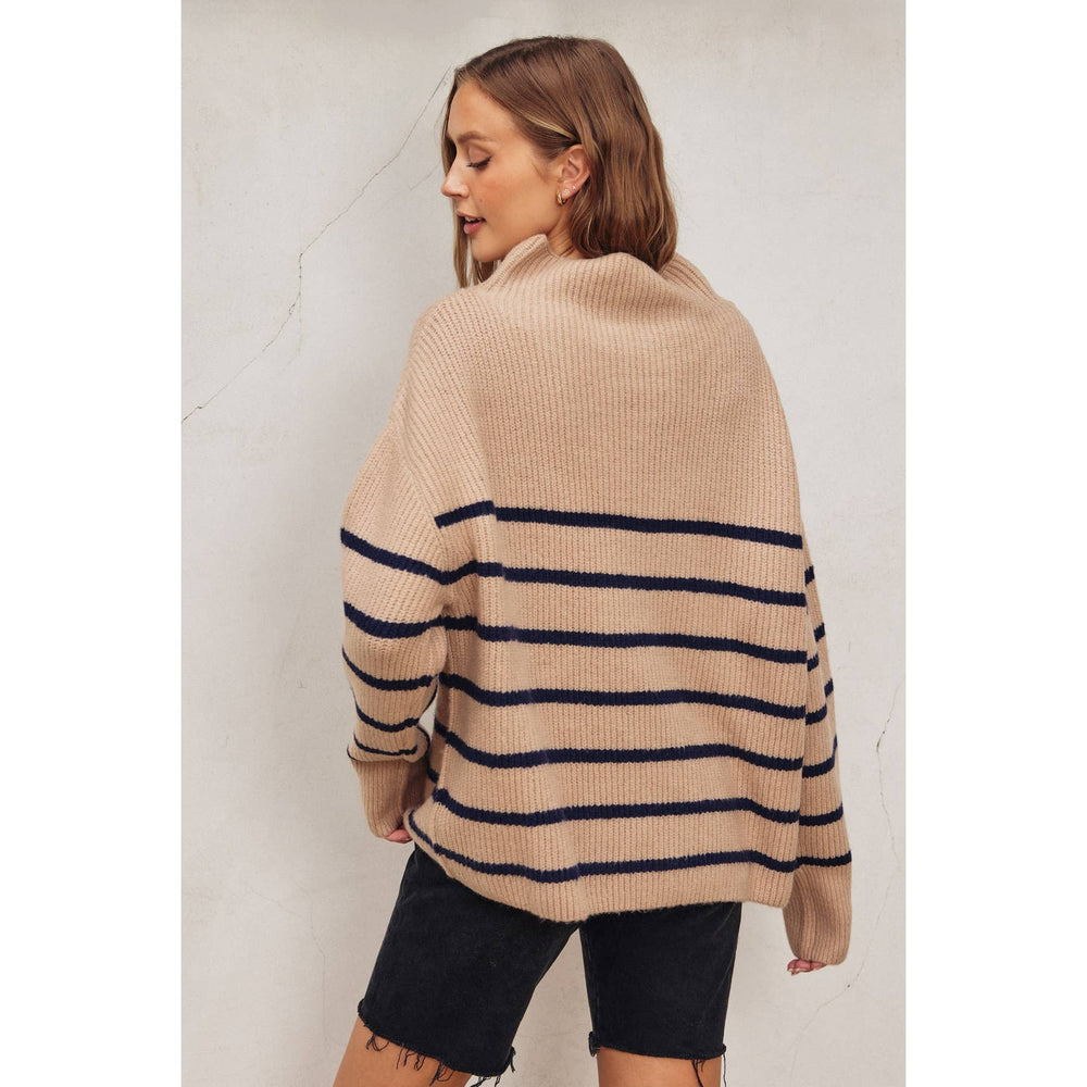 Fluffy High Neck Striped Hem Sweater