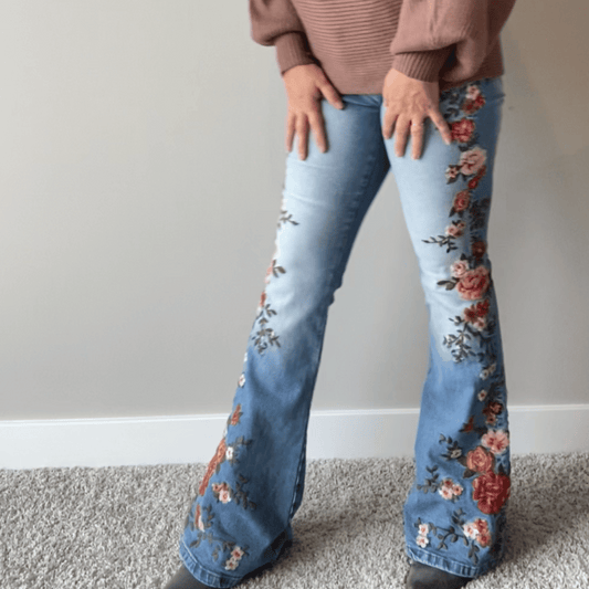 Flora Embroidered Flare Jeans - Grace & Haven