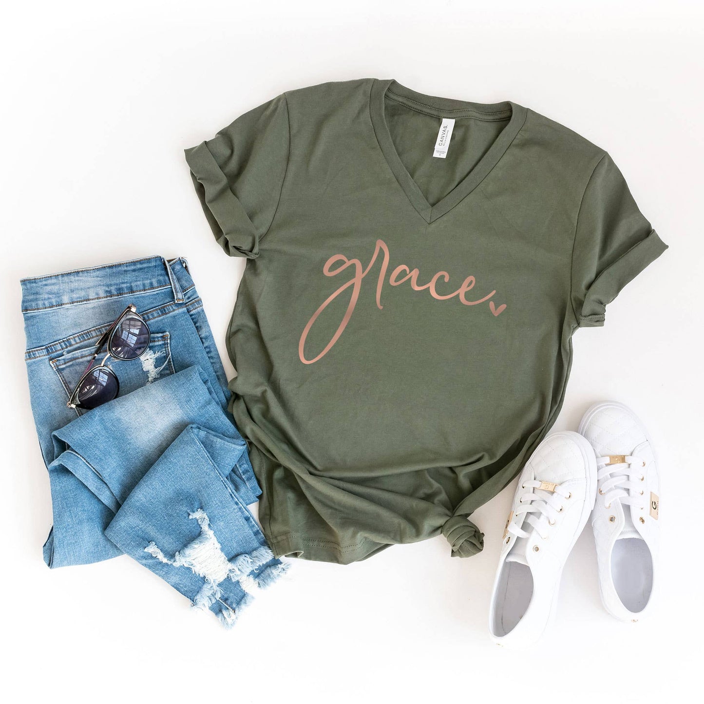 Grace Heart | V-neck Graphic Tee | Religious | Faith - Grace & Haven