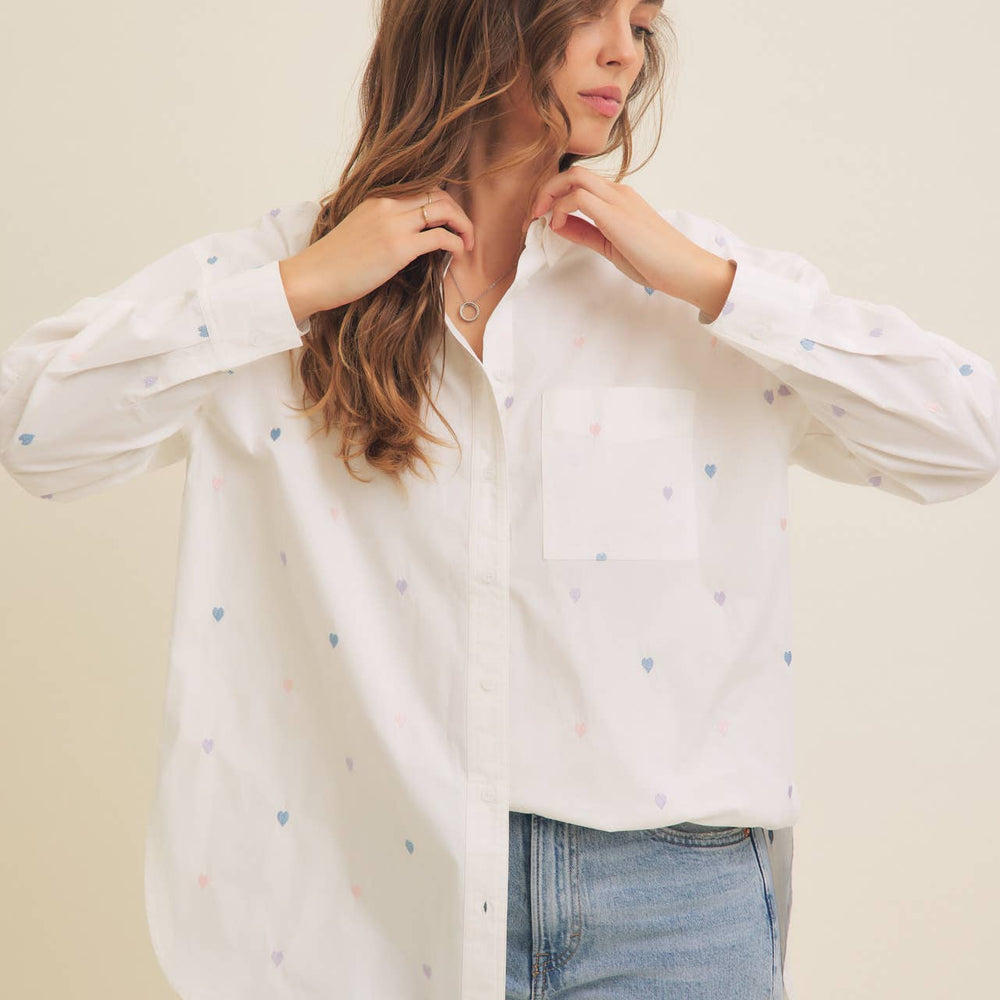 
                      
                        Full of Hearts Embroidery Button-Down Shirt – Soft Cotton with Playful Heart Detail
                      
                    
