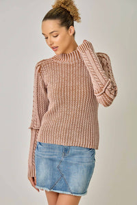 Washed Cotton Cable Mock Neck Sweater in blush pink with textured knit pattern, paired with a light blue denim skirt.