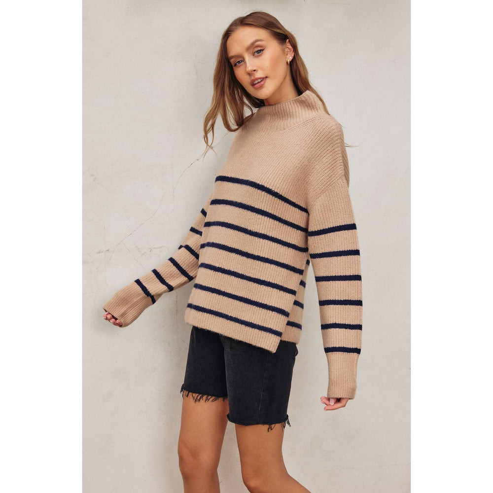 
                      
                        Fluffy High Neck Striped Hem Sweater
                      
                    