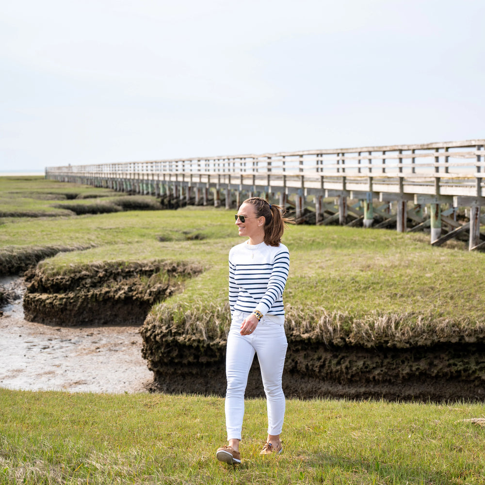 
                      
                        Classic Ivory & Navy Striped Sweater – Semi-Tailored Knit with Bold Stripes
                      
                    