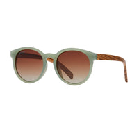 Reagan Sage Green and Zebra Wood Polarized Sunglasses with brown gradient lenses and wooden arms from Blue Planet Eco