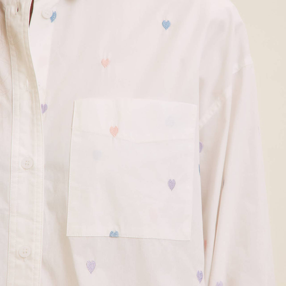 Full of Hearts Embroidery Button-Down Shirt – Soft Cotton with Playful Heart Detail