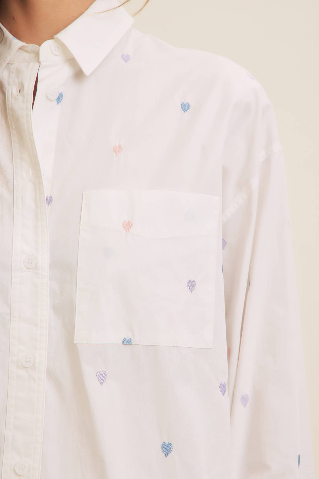 Full of Hearts Embroidery Button-Down Shirt – Soft Cotton with Playful Heart Detail