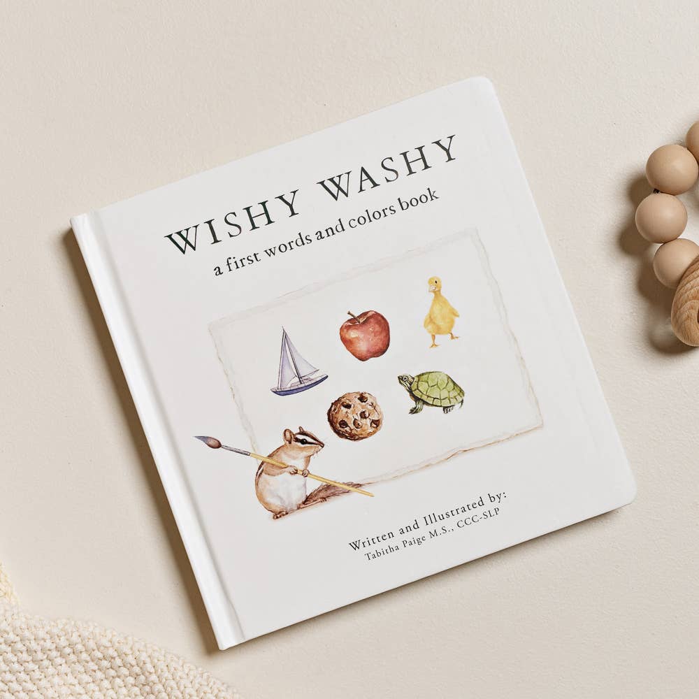 Wishy Washy: A First Words and Colors Book displayed on a gingham cloth.