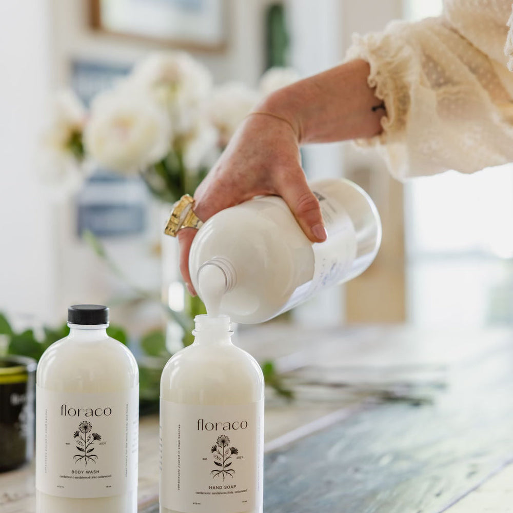 
                      
                        Floraco Hand Soap+ Body Wash Refill: cardamom, sandalwood, iris, cedarwood
                      
                    
