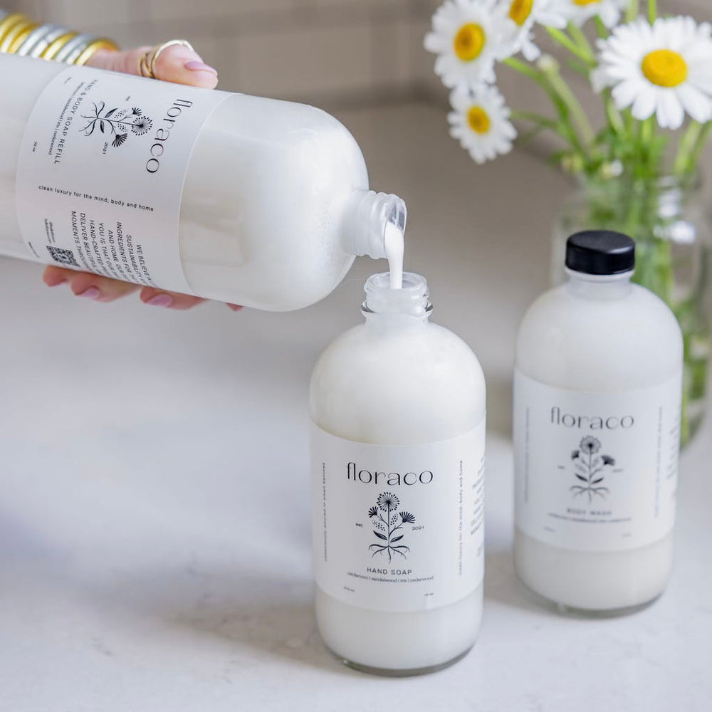 
                      
                        Floraco Body Wash: Cedarwood, Sandalwood, Cardamom -  Refillable Glass
                      
                    