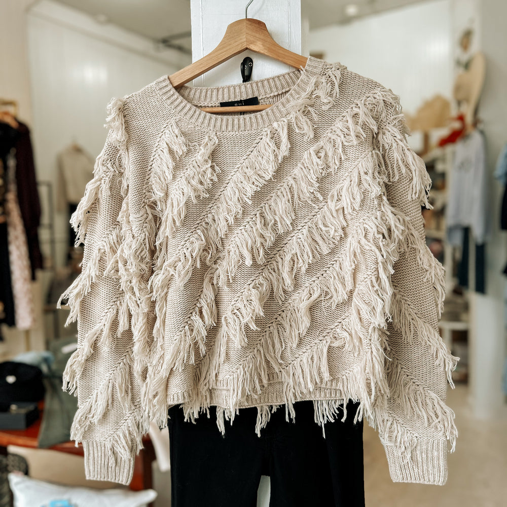 Fringe Pullover Crewneck Sweater in Light Beige