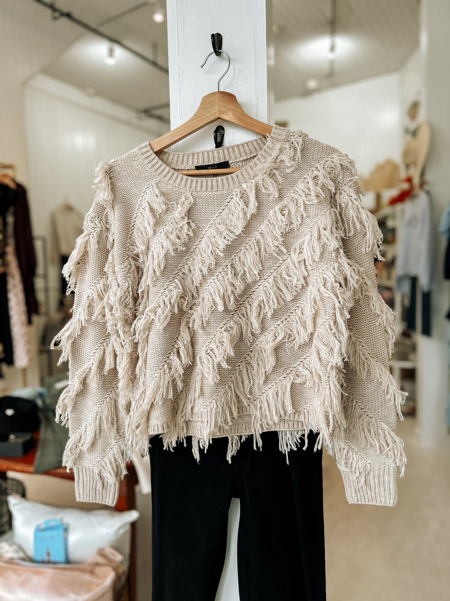 Fringe Pullover Crewneck Sweater in Light Beige