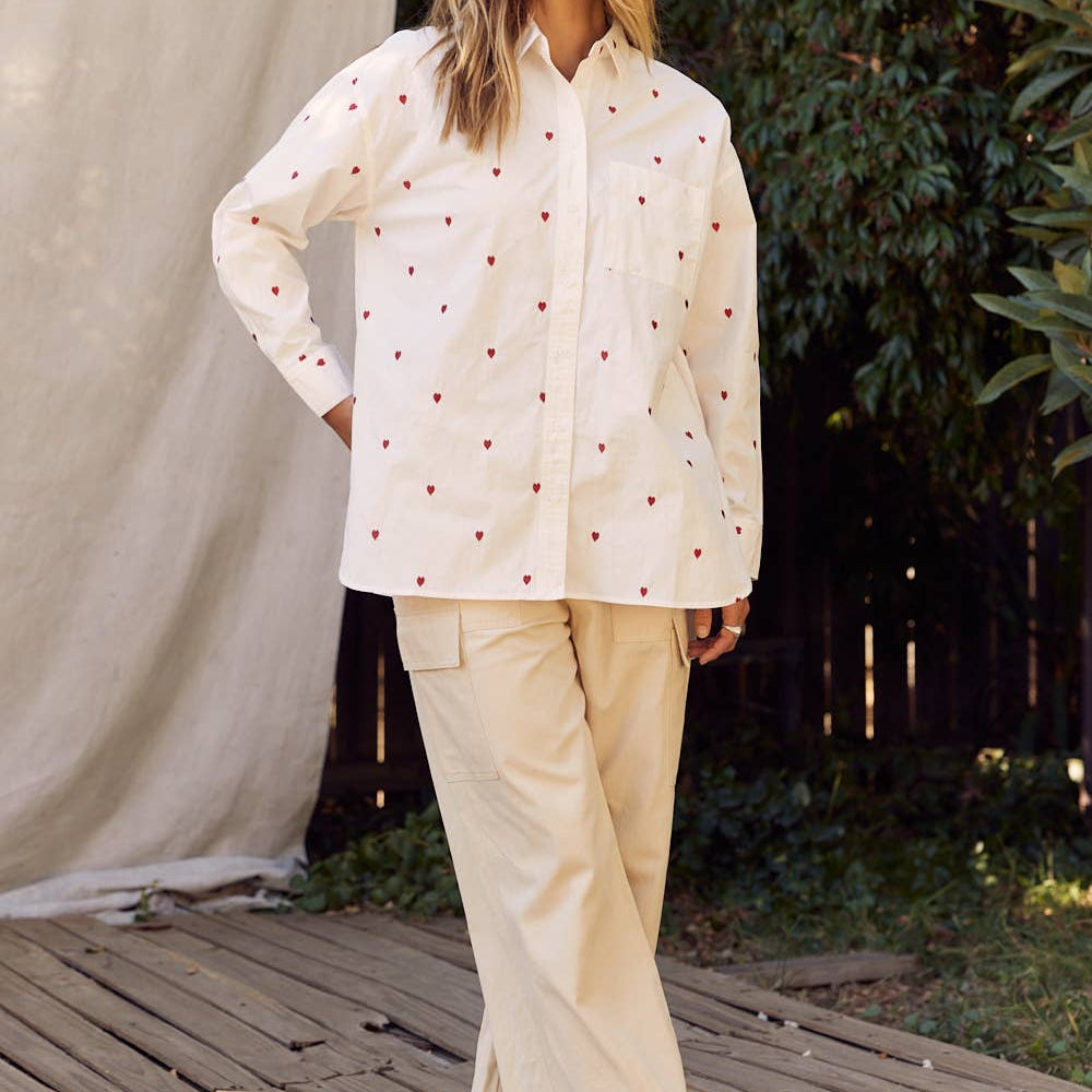 
                      
                        Full of Hearts Embroidery Button-Down Shirt – Soft Cotton with Playful Heart Detail
                      
                    