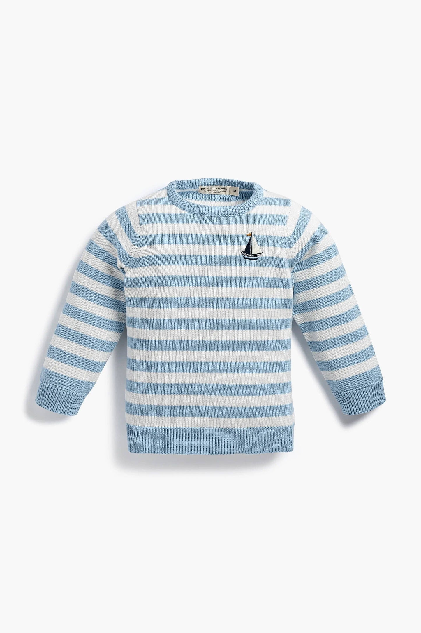 Kids Organic Knit SweaterBlue Stripe Sailboat with blue and white horizontal stripes and a small sailboat embroidery on the