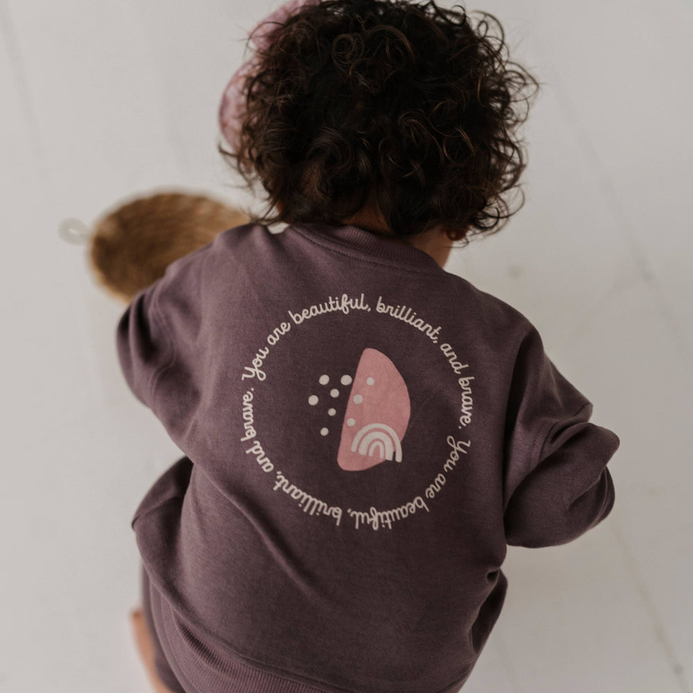 
                      
                        Boxy Baby & Toddler Ultra Soft Bamboo Sweatshirt - “You Are Beautiful, Brilliant, and Brave”
                      
                    