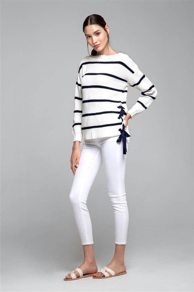 Monaco Striped Cotton Sweater With Metal Eyelets In Cream