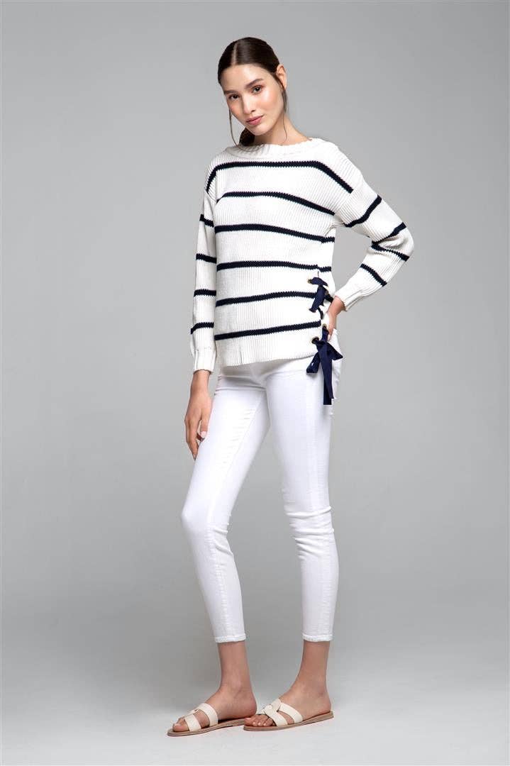 Large - Monaco Striped Cotton Sweater With Metal Eyelets In Cream