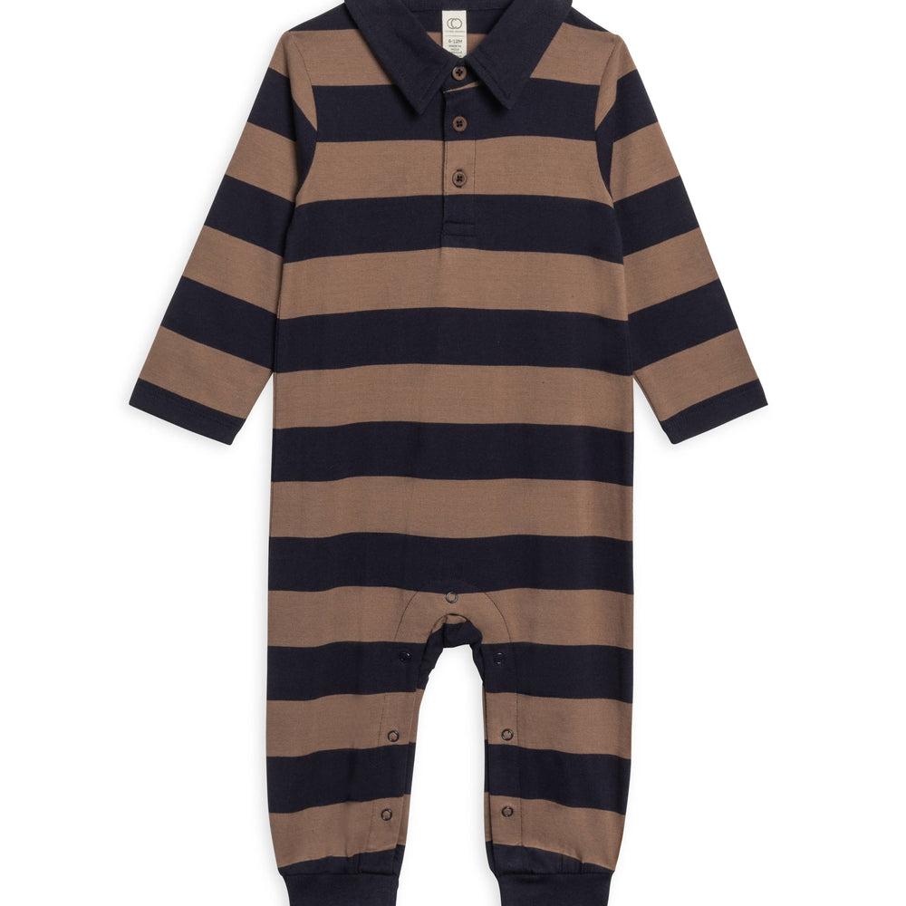 Fritz Long Sleeve Collared Romper - Rugby Stripe /Navy+Taupe