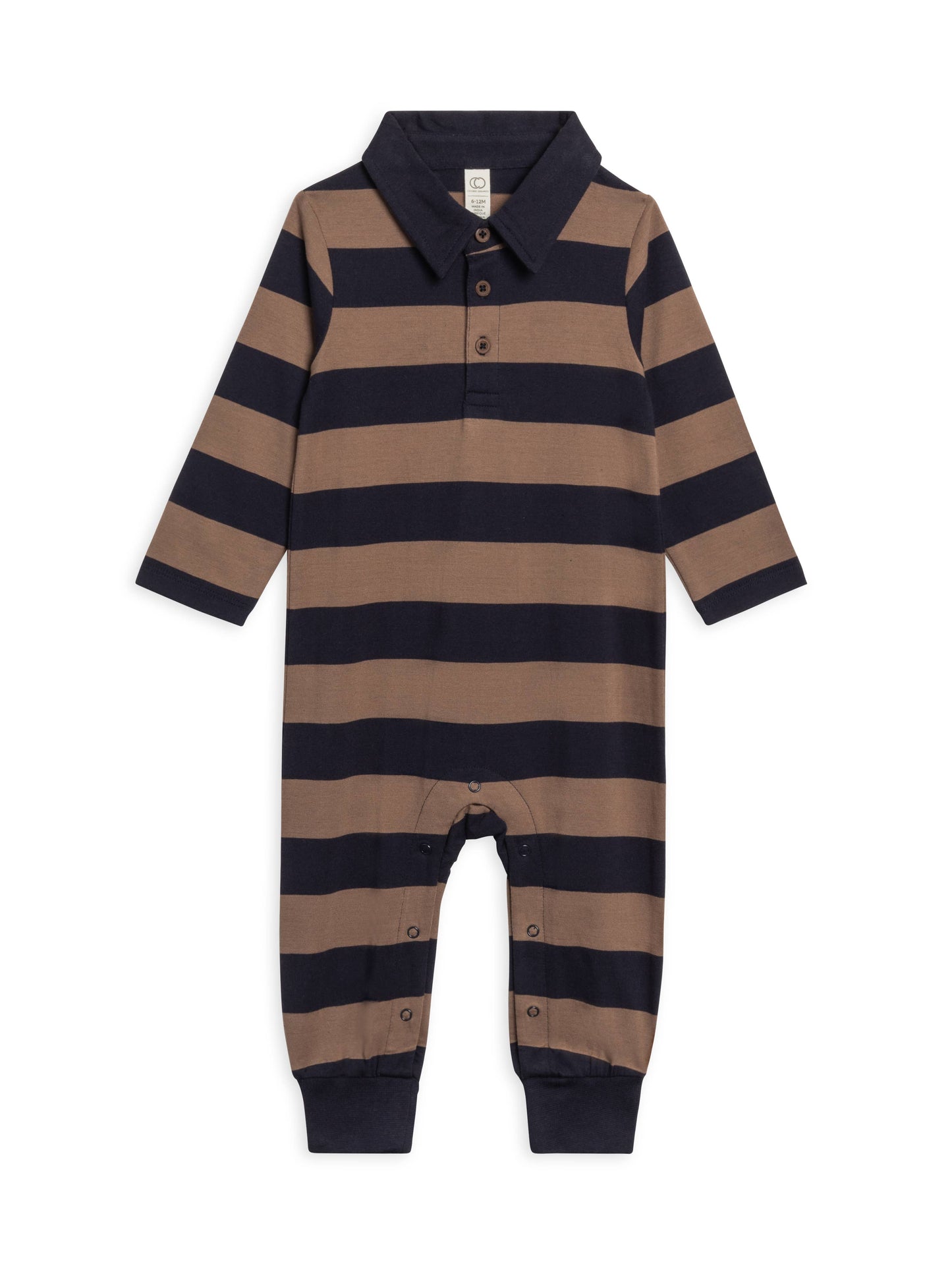 Fritz Long Sleeve Collared Romper - Rugby Stripe /Navy+Taupe