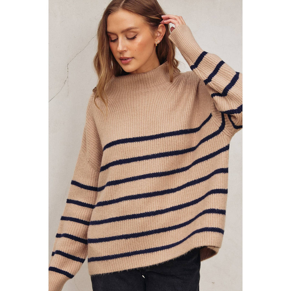 
                      
                        Fluffy High Neck Striped Hem Sweater
                      
                    