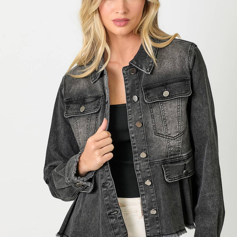 
                      
                        Washed Black Denim Peplum Jacket
                      
                    