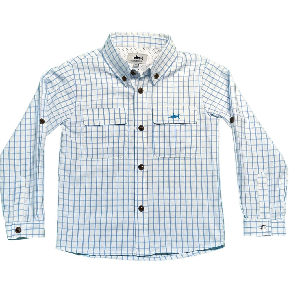 Flagler Boys Fishing Shirt in White & Blue Plaid by Saltwater Boys