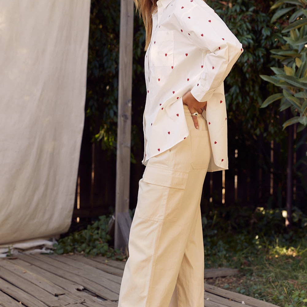 
                      
                        Full of Hearts Embroidery Button-Down Shirt – Soft Cotton with Playful Heart Detail
                      
                    