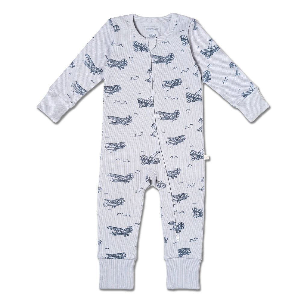 Organic 2-Way Zip Romper – Airplanes Print, Easy Diaper Change Design